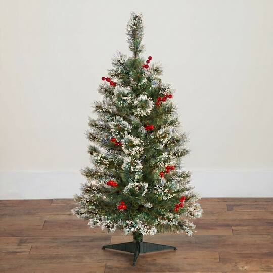 Nearly Natural 3ft. Unlit Artificial Frosted Swiss Pine Christmas Tree with Berries